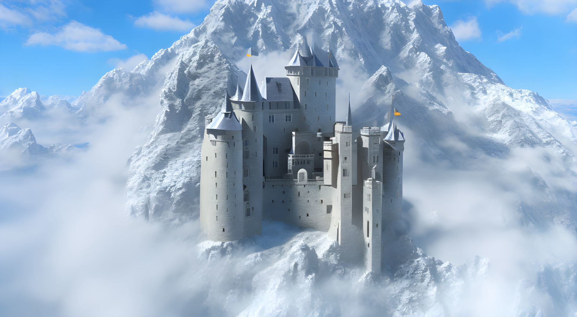 Castle on Snowy Mountain Range Amid Clouds and Peaks