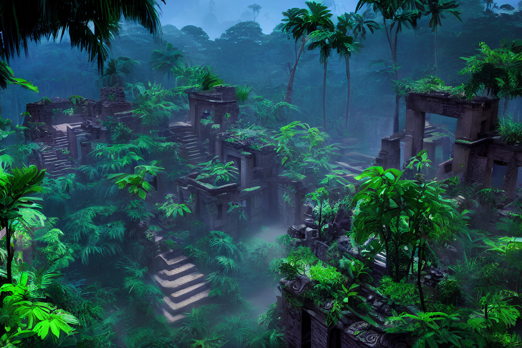 Overgrown ancient temple in lush jungle with stone remnants