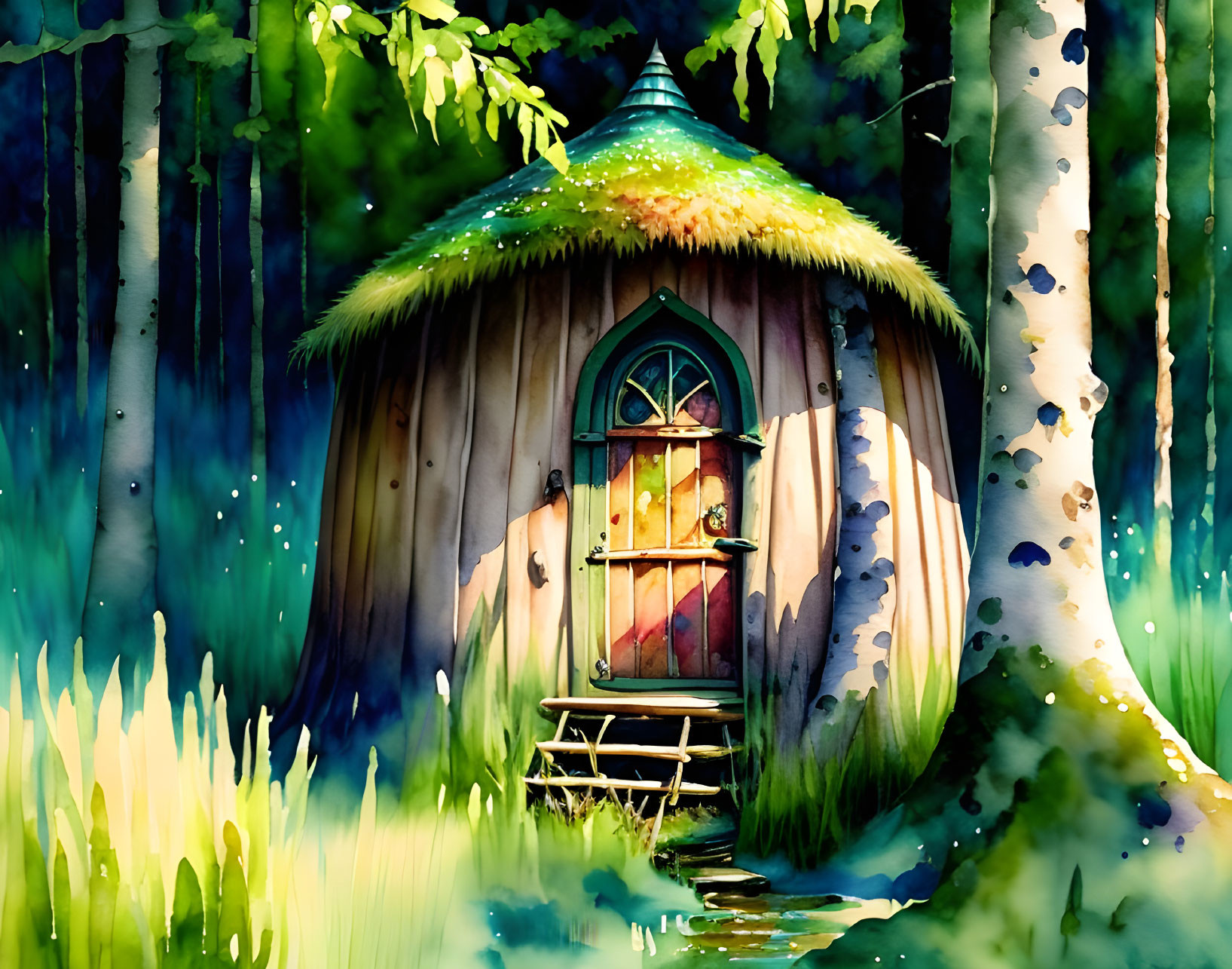 Enchanting forest scene with whimsical mushroom-shaped house