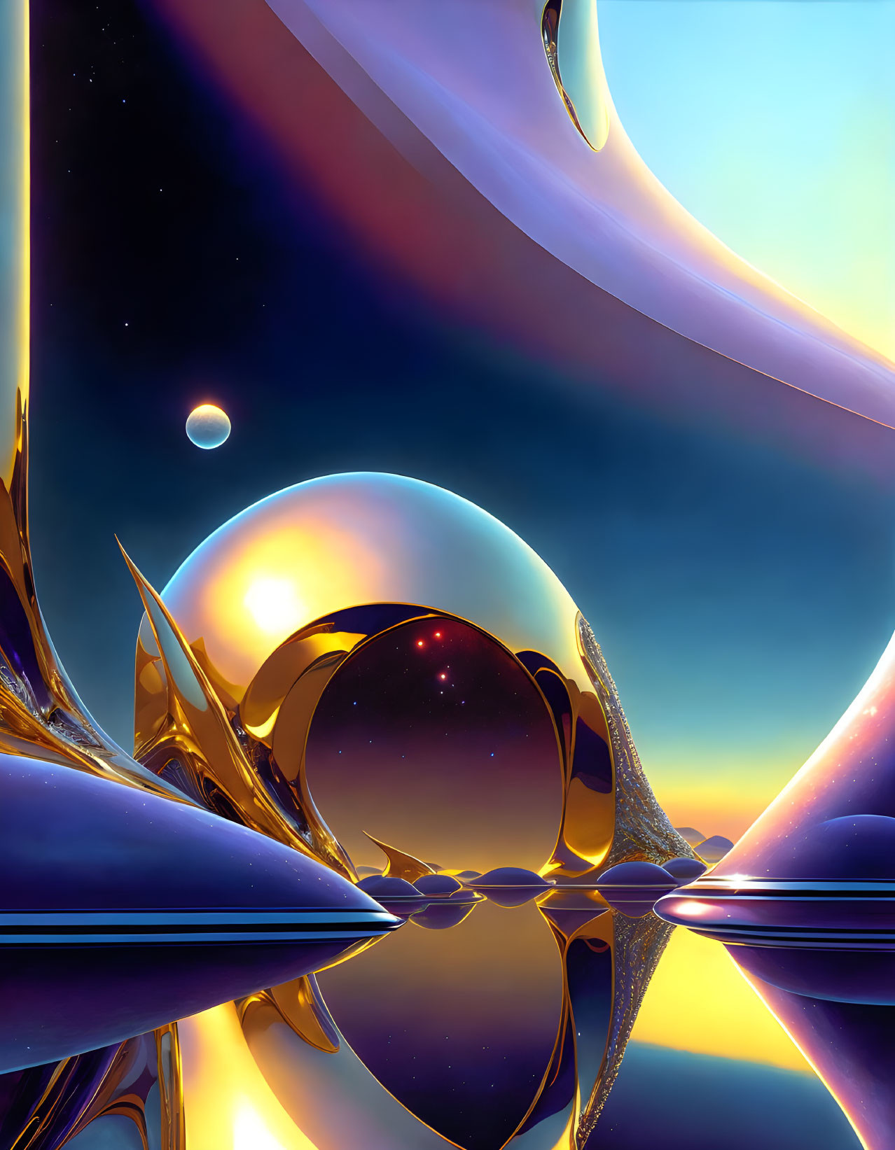 Surreal digital artwork: smooth metallic structures, blue and orange hues, cosmic atmosphere.