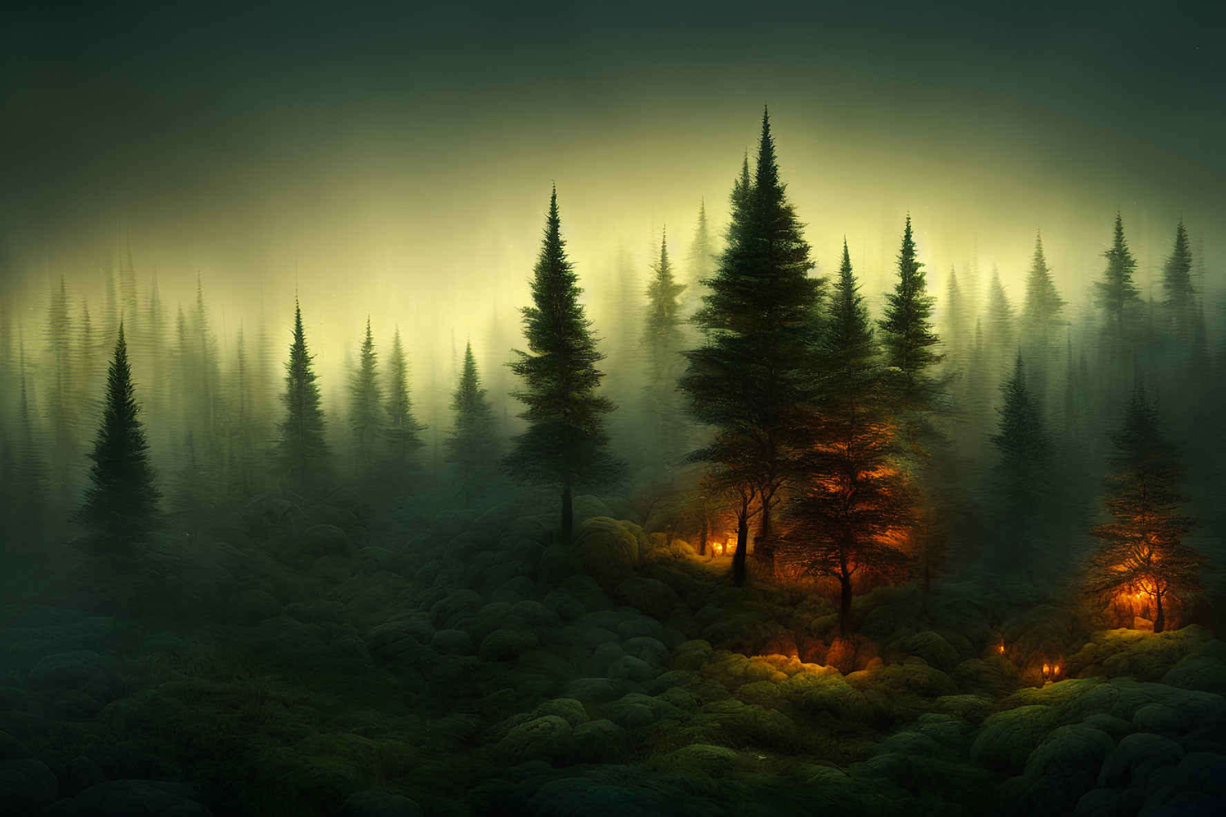 Mystical forest with tall pine trees in fog and warm light filtering through