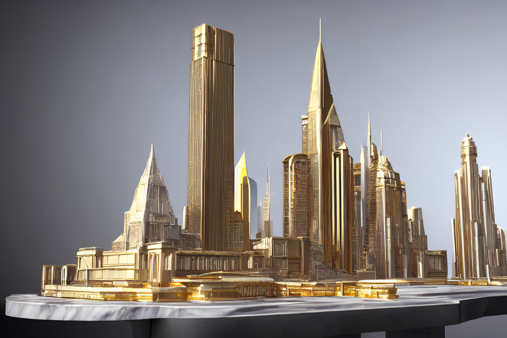 Golden futuristic cityscape with towering skyscrapers and sleek architecture against gradient sky