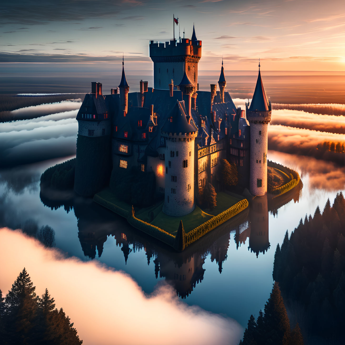 Majestic castle with spires in misty sunrise