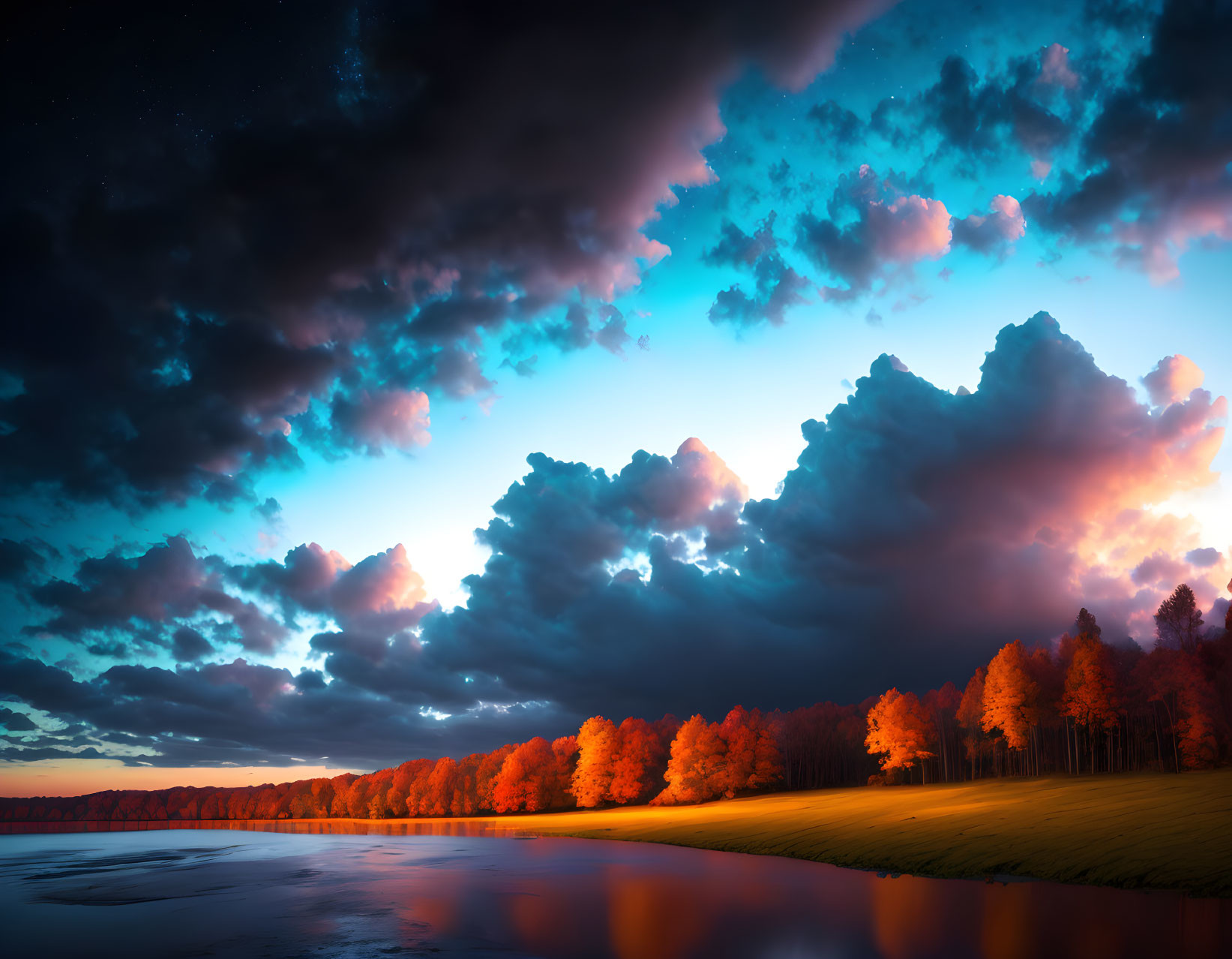 Tranquil lake at sunset with radiant orange glow illuminating forest