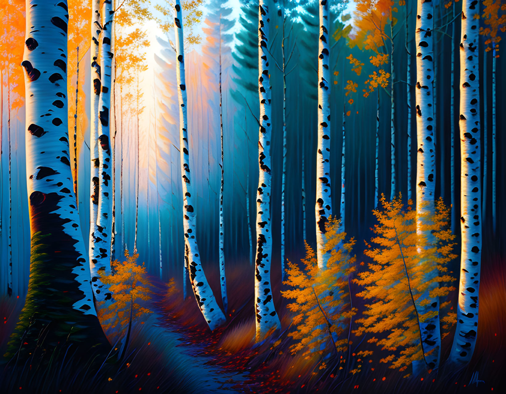 Colorful autumn forest digital painting with white birch trees