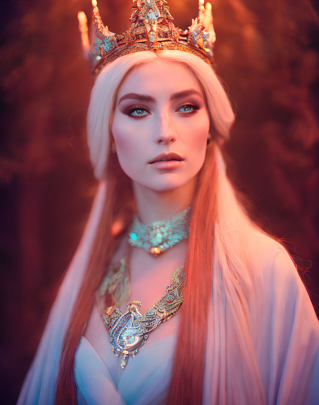 Portrait of woman with blue eyes and white hair in regal attire on warm red backdrop