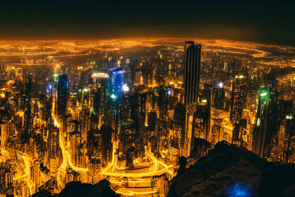 Bustling city with illuminated skyscrapers at night