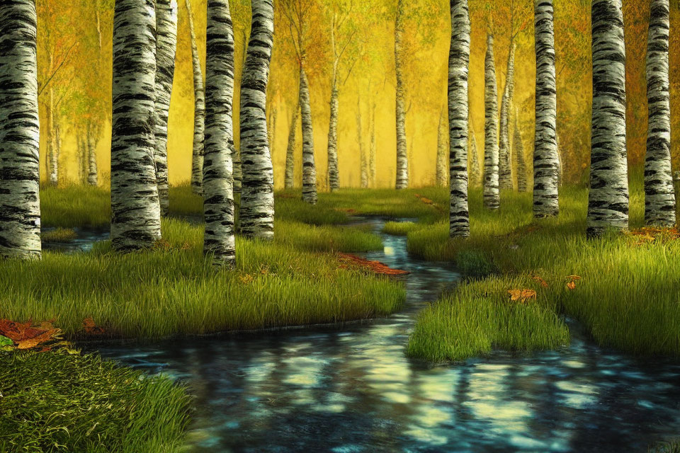 Scenic autumn forest with tranquil stream and birch trees