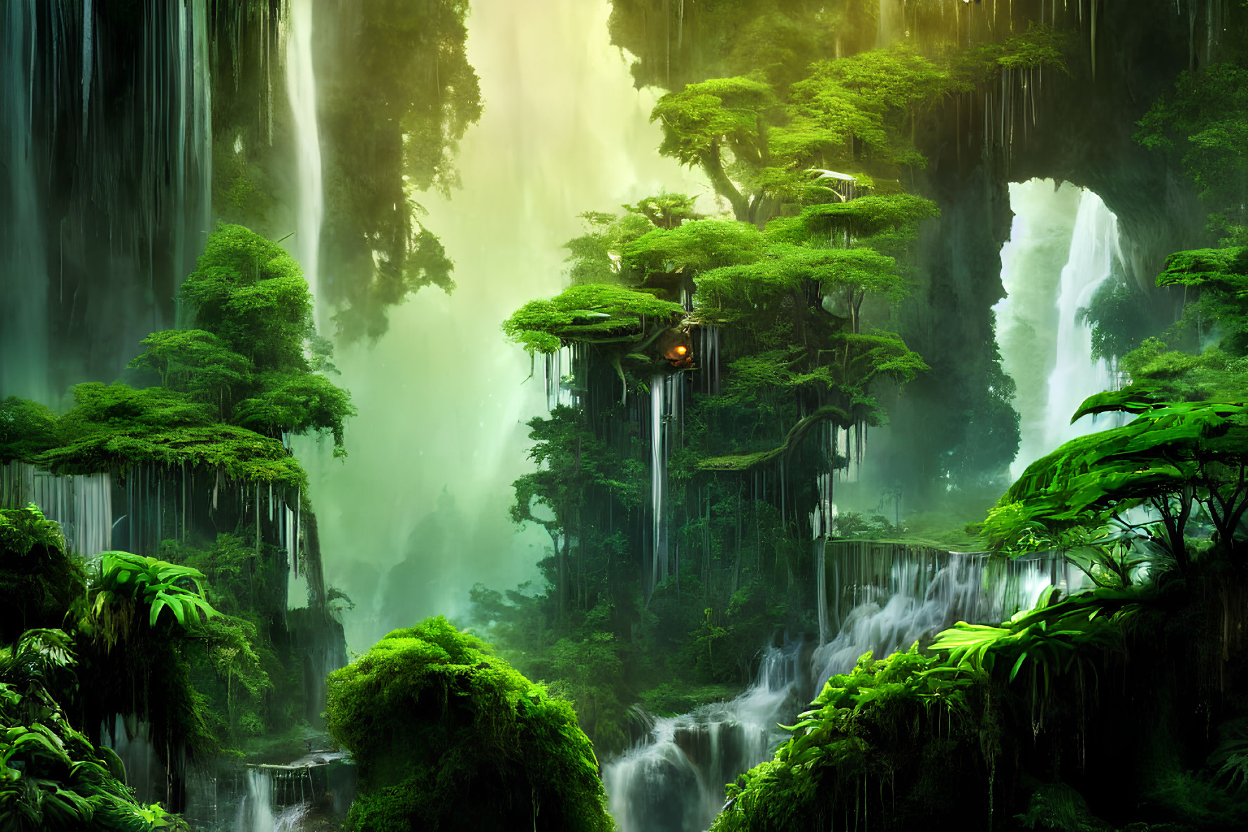 Majestic forest with tall trees, waterfalls, and mystical mist