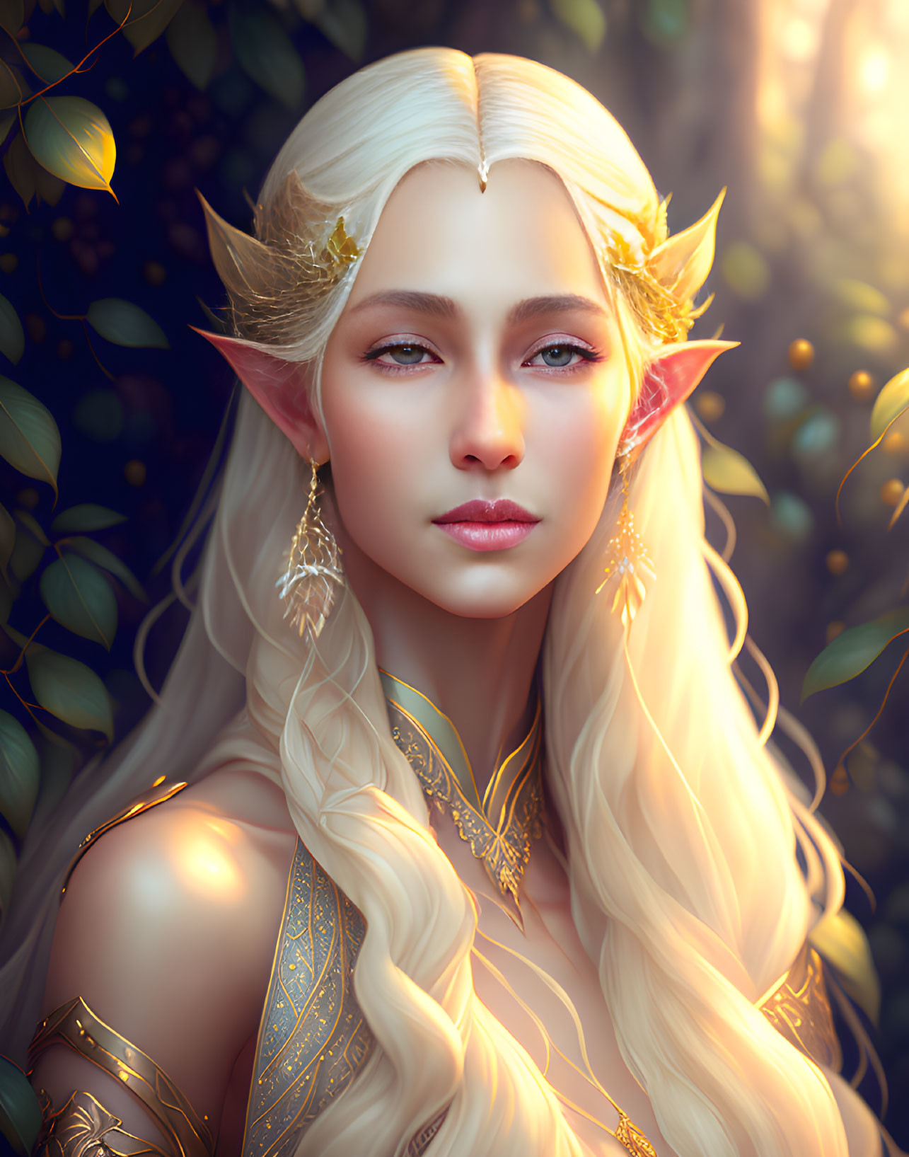 Elven character with pointed ears and golden hair in leafy setting