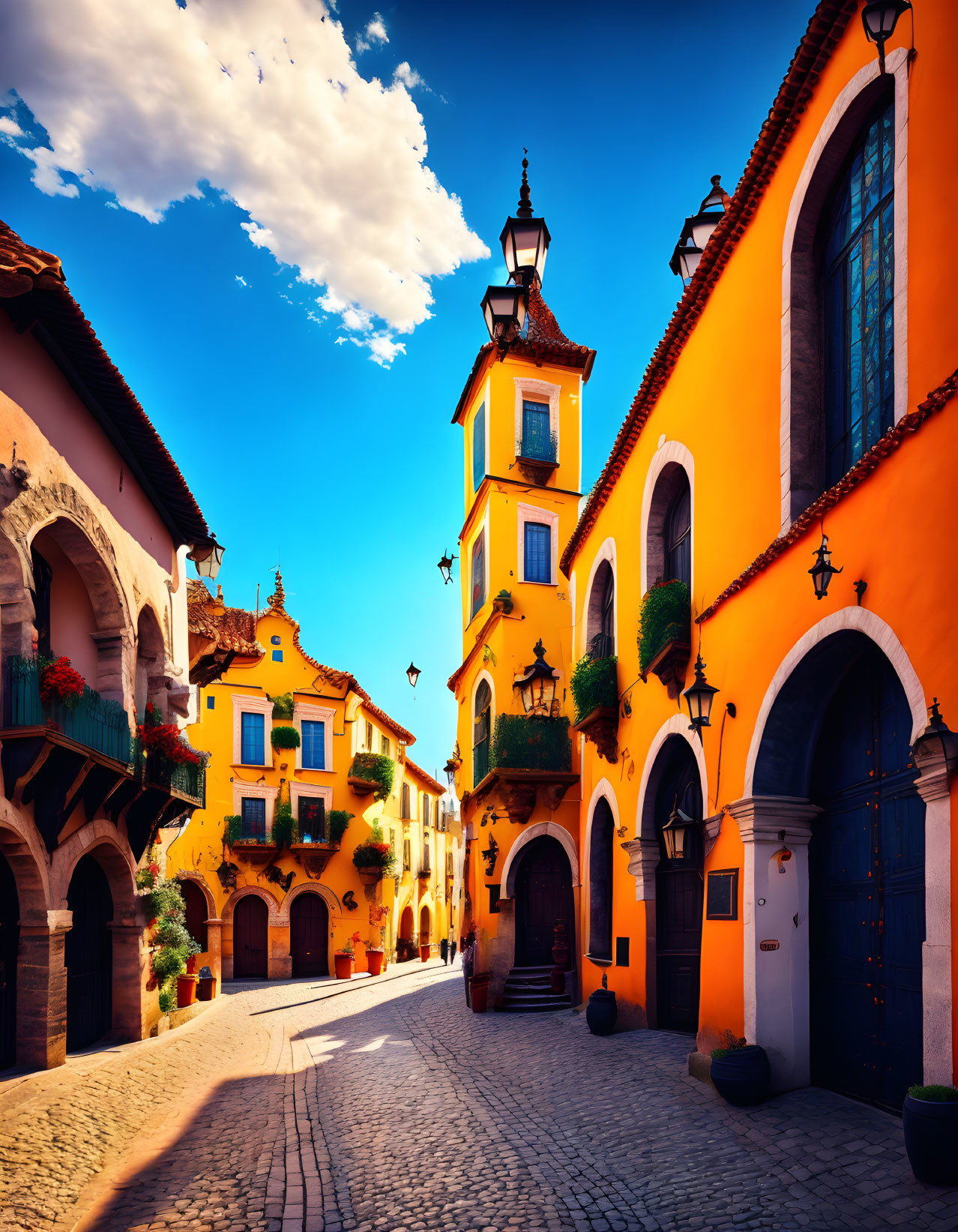 Colorful cobblestone street with orange-yellow buildings and green plants under a deep blue sky