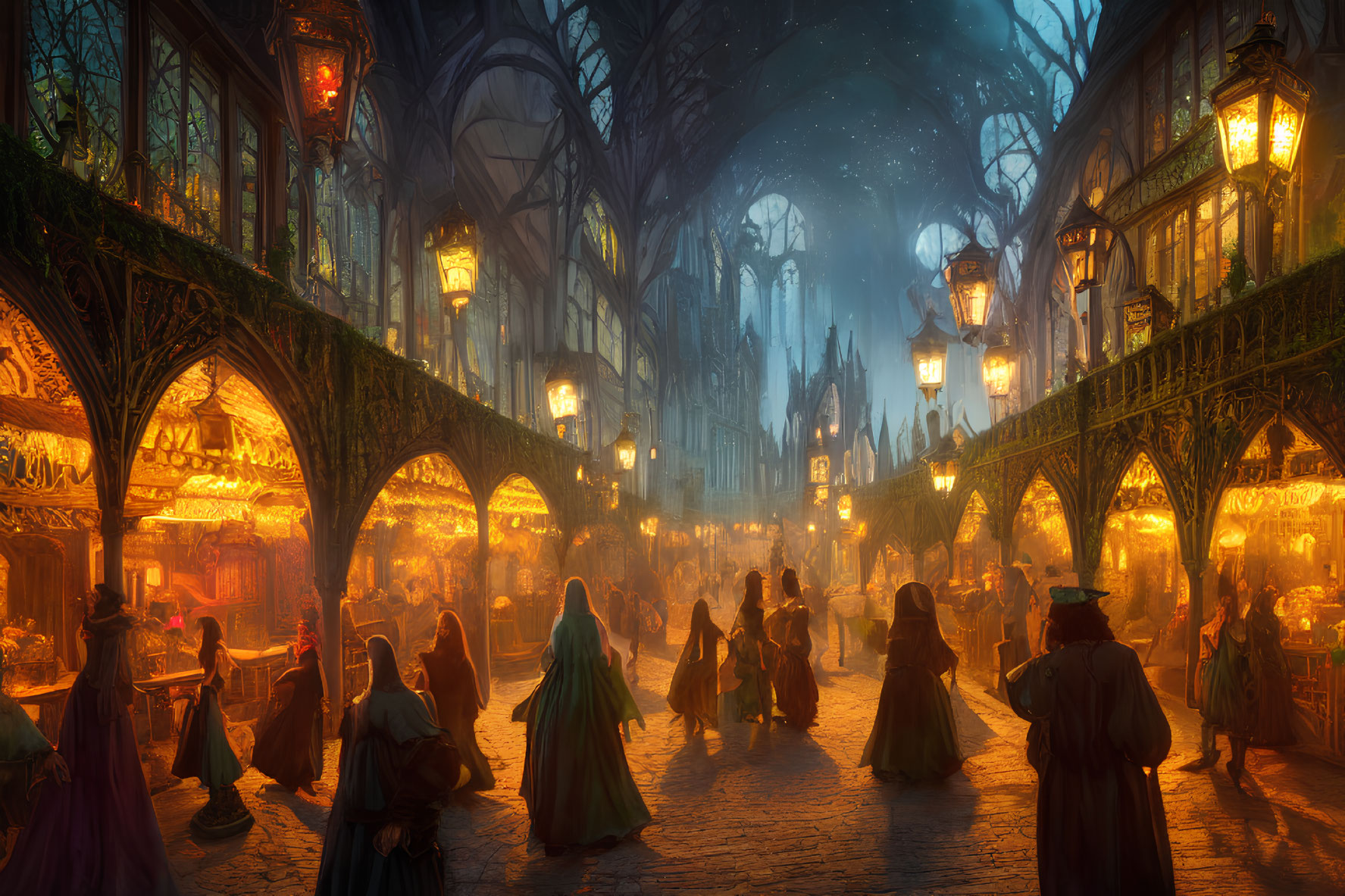 Fantasy marketplace at dusk with merchants and gothic architecture.