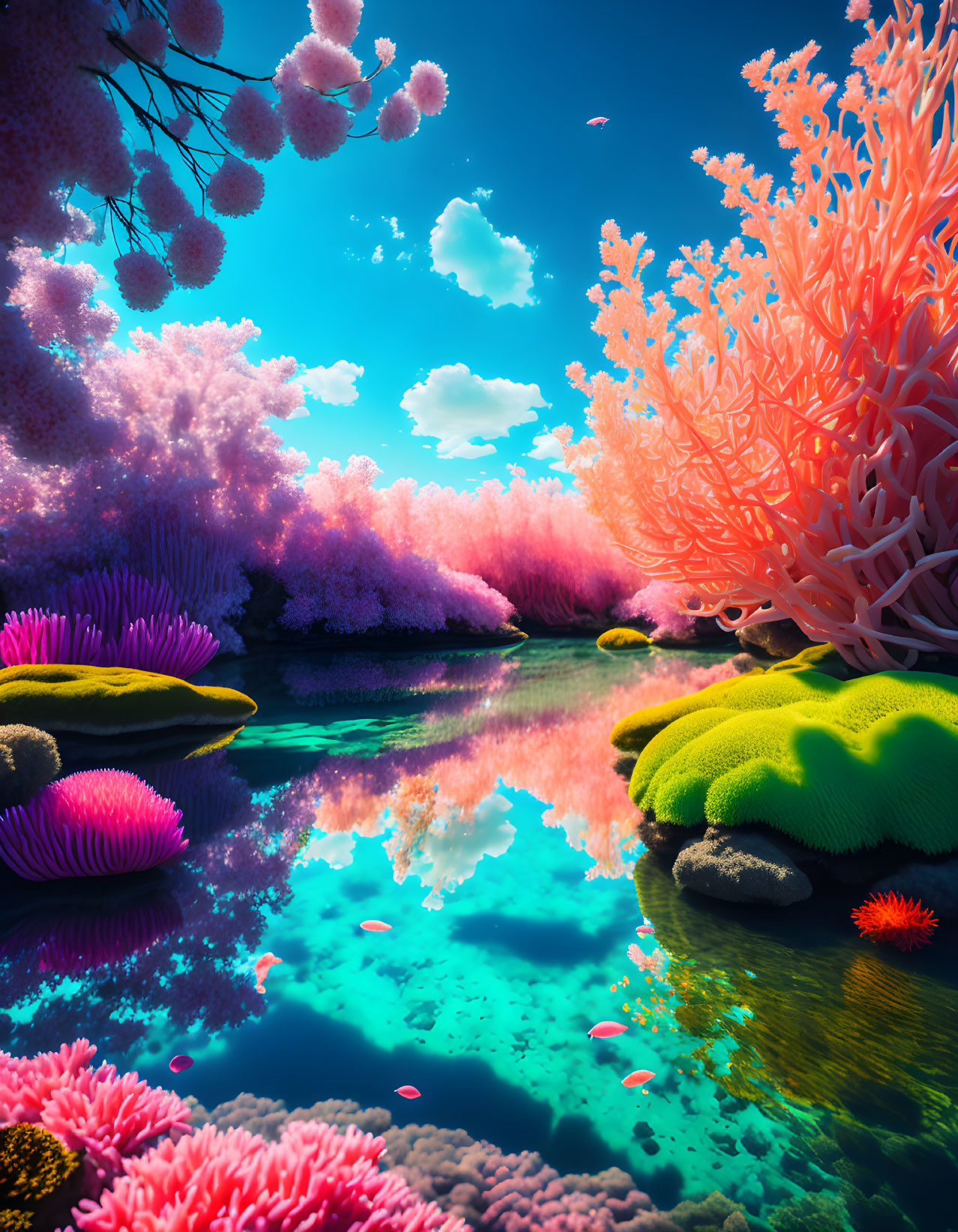 Colorful surreal landscape with neon-pink trees, blue river, and coral-like formations