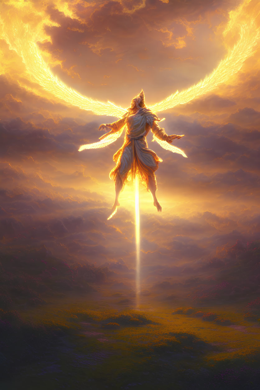 Fiery-winged figure soaring in luminous sky