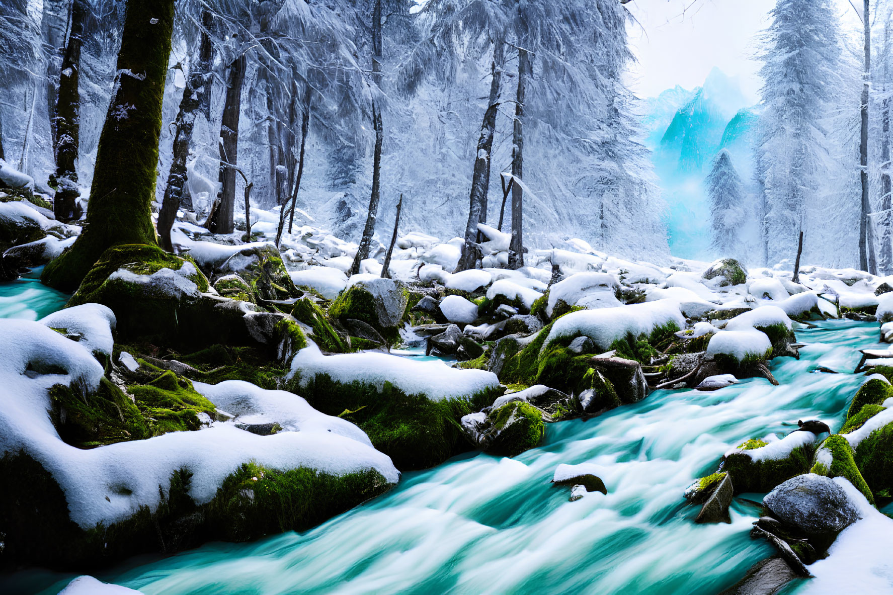 Snowy Forest Scene with Moss-Covered Rocks and Turquoise River