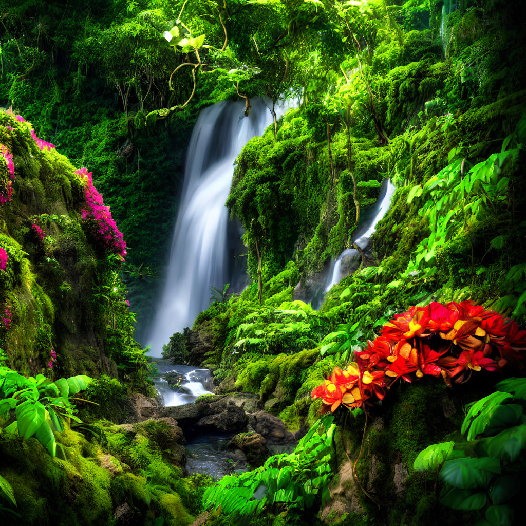 Lush Green Forest with Vibrant Flowers and Cascading Waterfall