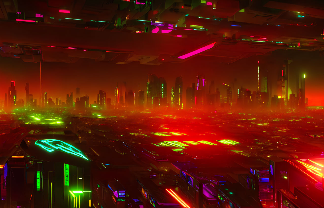 Vibrant futuristic cityscape with neon lights and skyscrapers