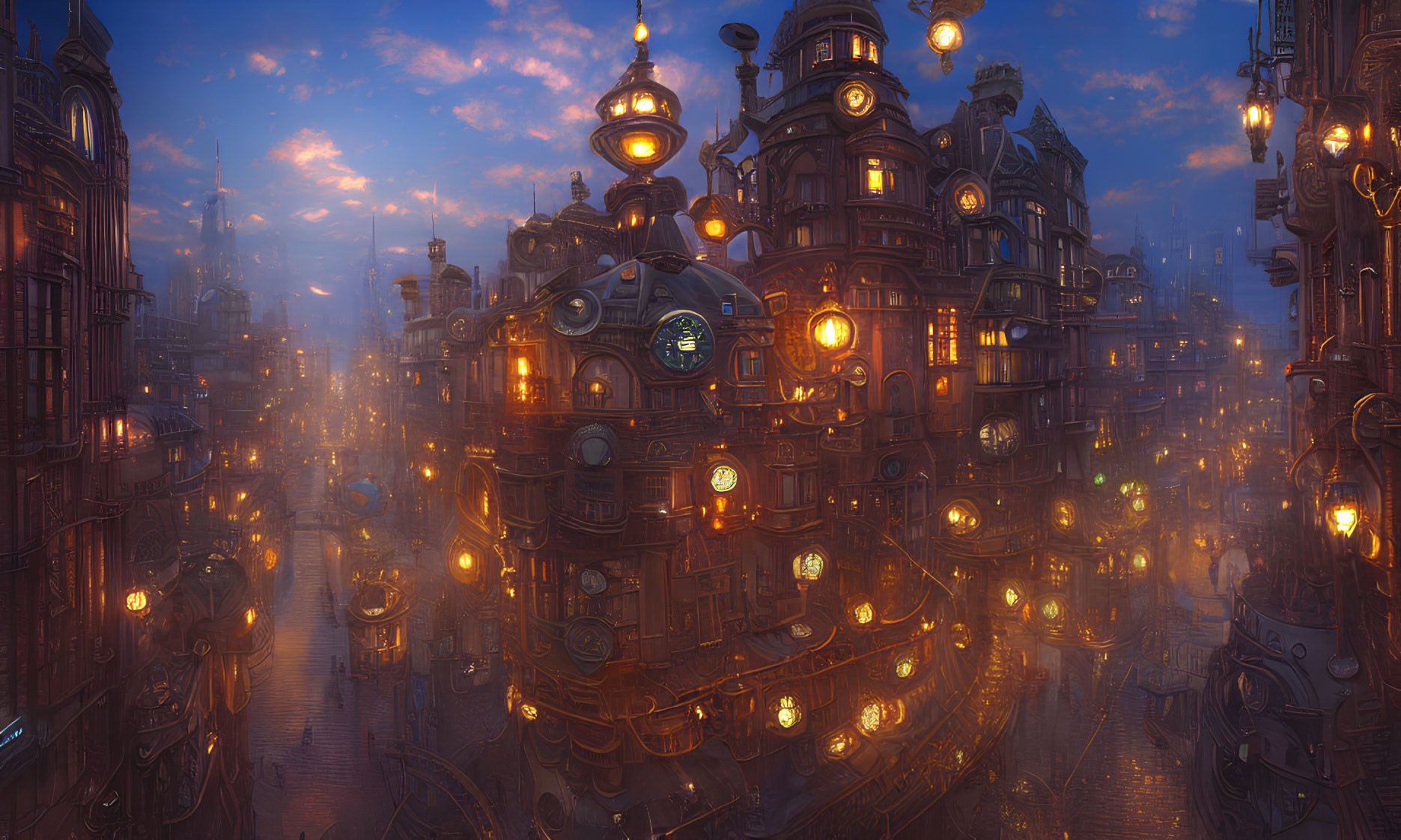 Illuminated steampunk-style cityscape at dusk