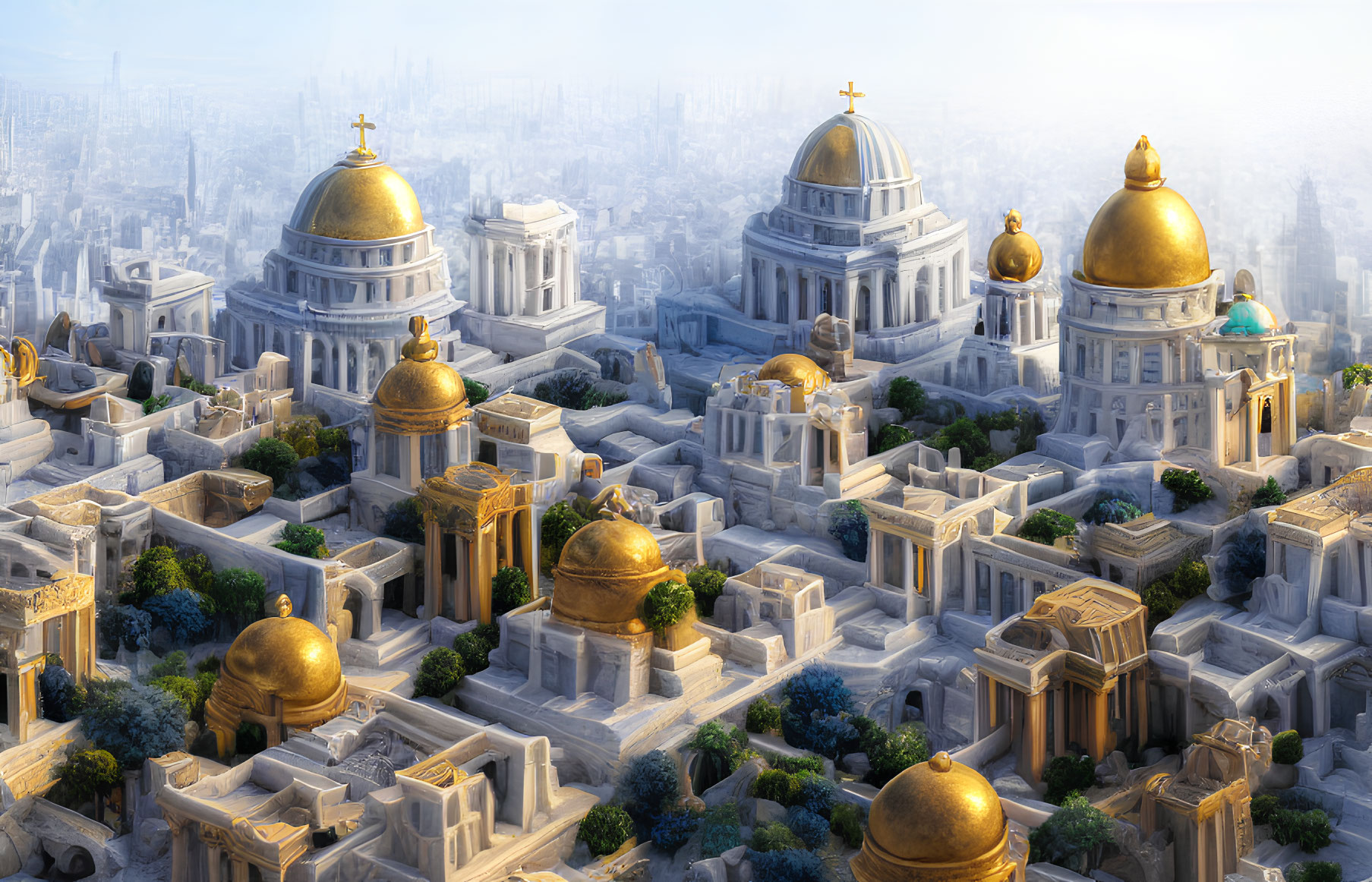 Majestic fantasy cityscape with golden domed buildings