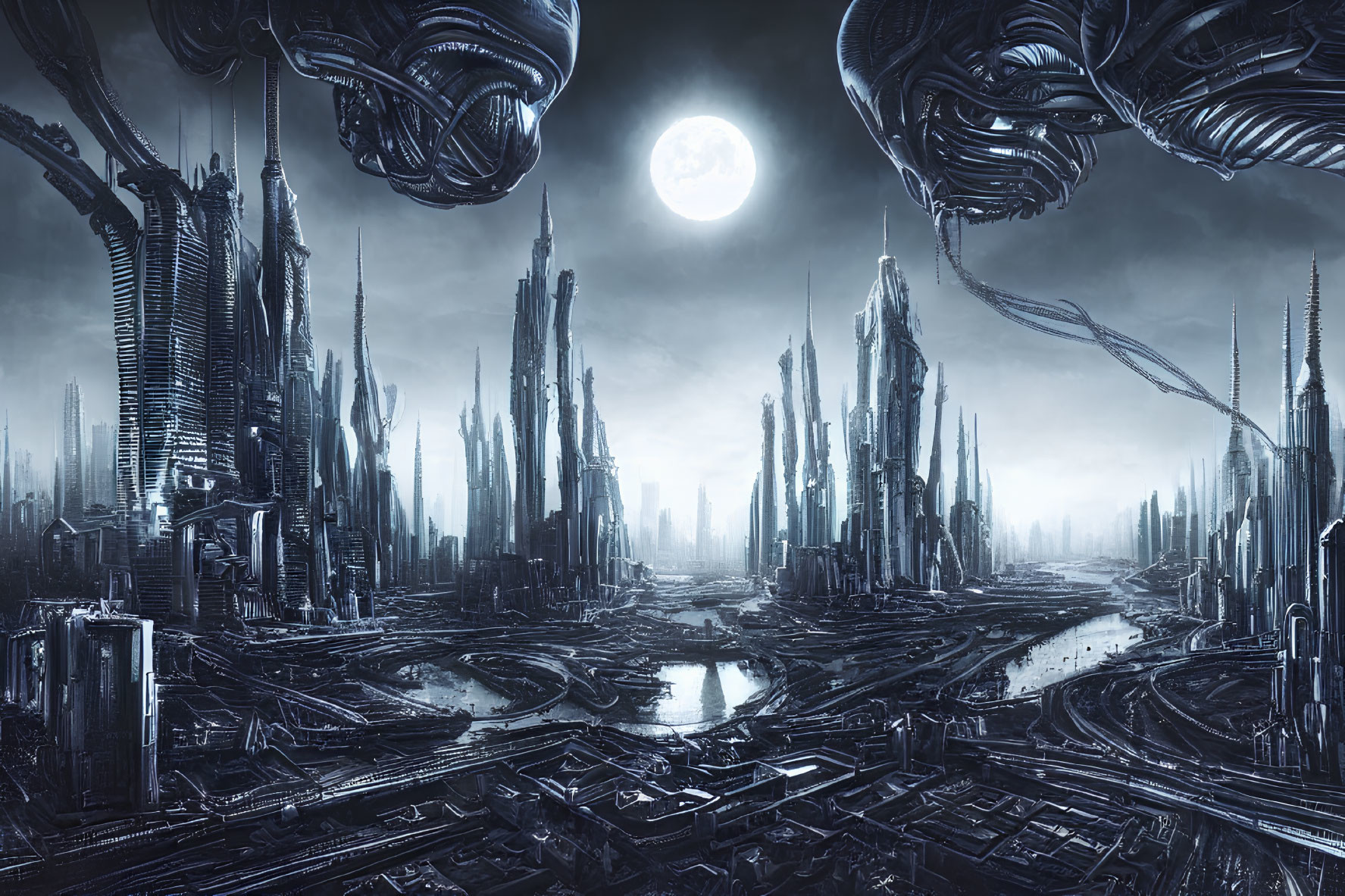 Futuristic cityscape with towering skyscrapers under full moon