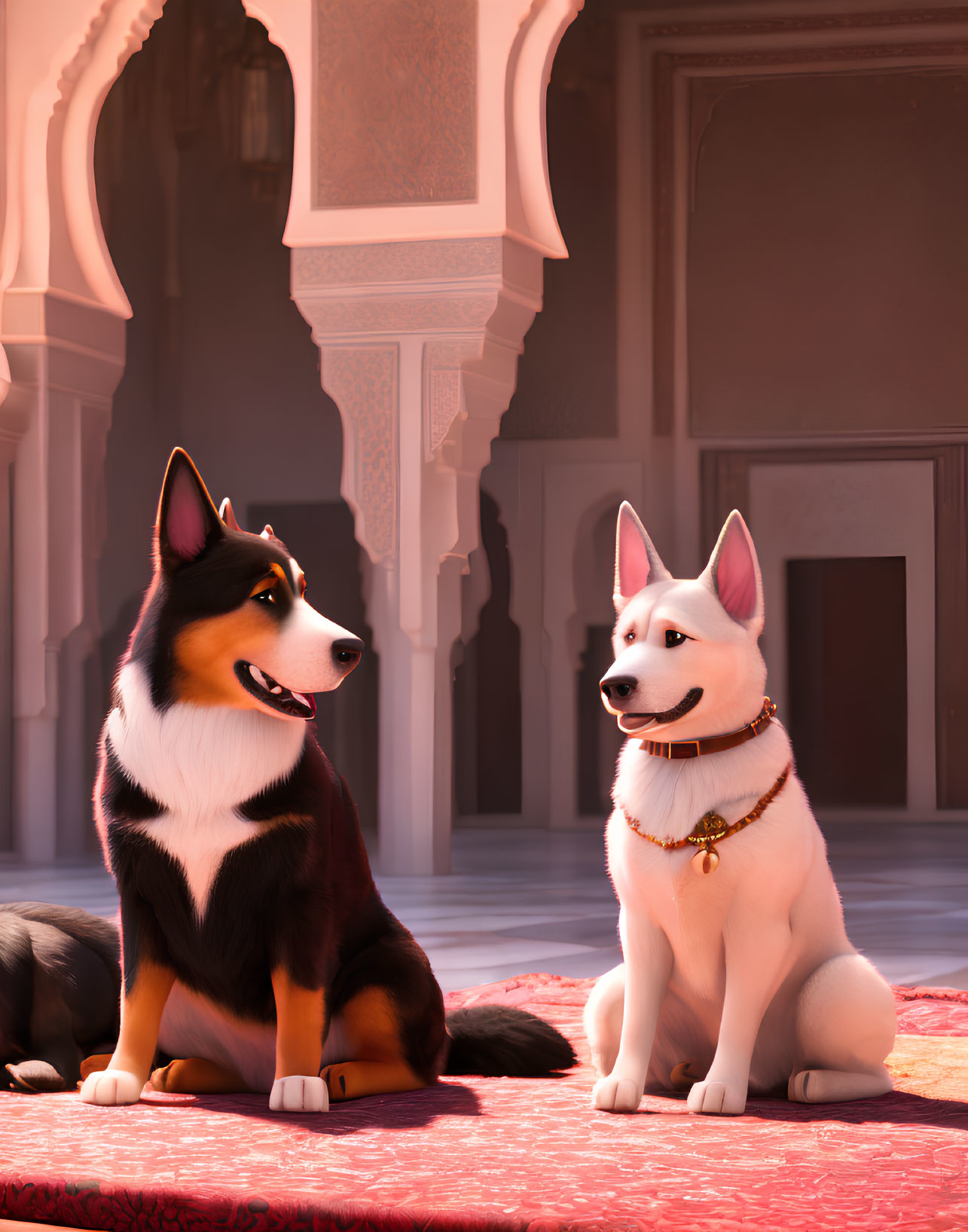 Two Different Colored Dogs Sitting on Red Carpet in Ornate Room