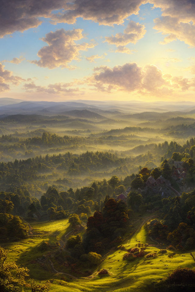 Tranquil landscape with rolling hills, forest, and cottage at dawn or dusk