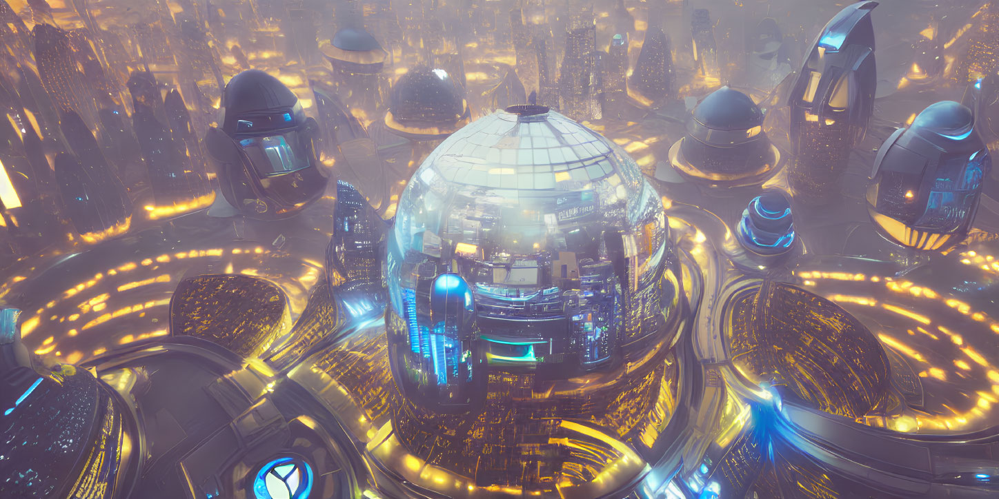 Futuristic cityscape with glowing lights and domed structures