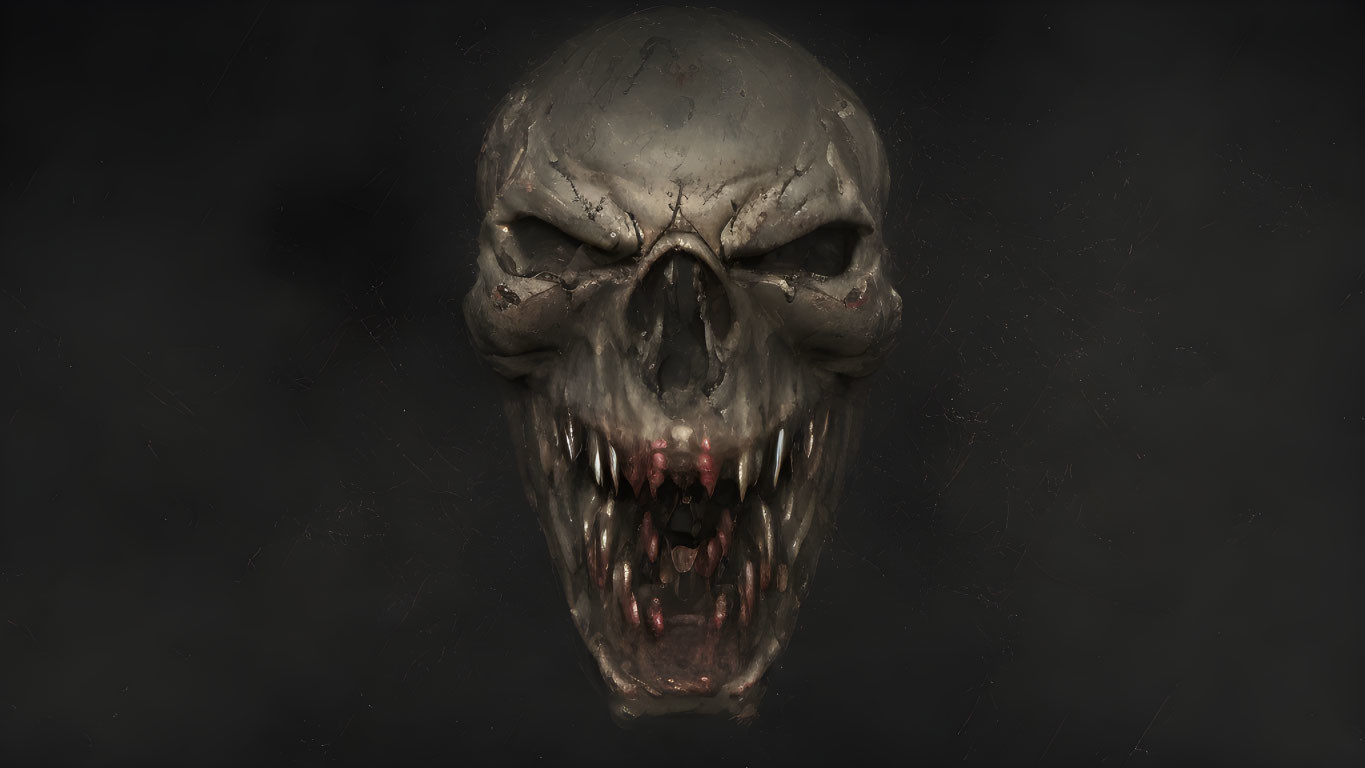 Menacing metallic skull with sharp teeth and red highlights on dark background