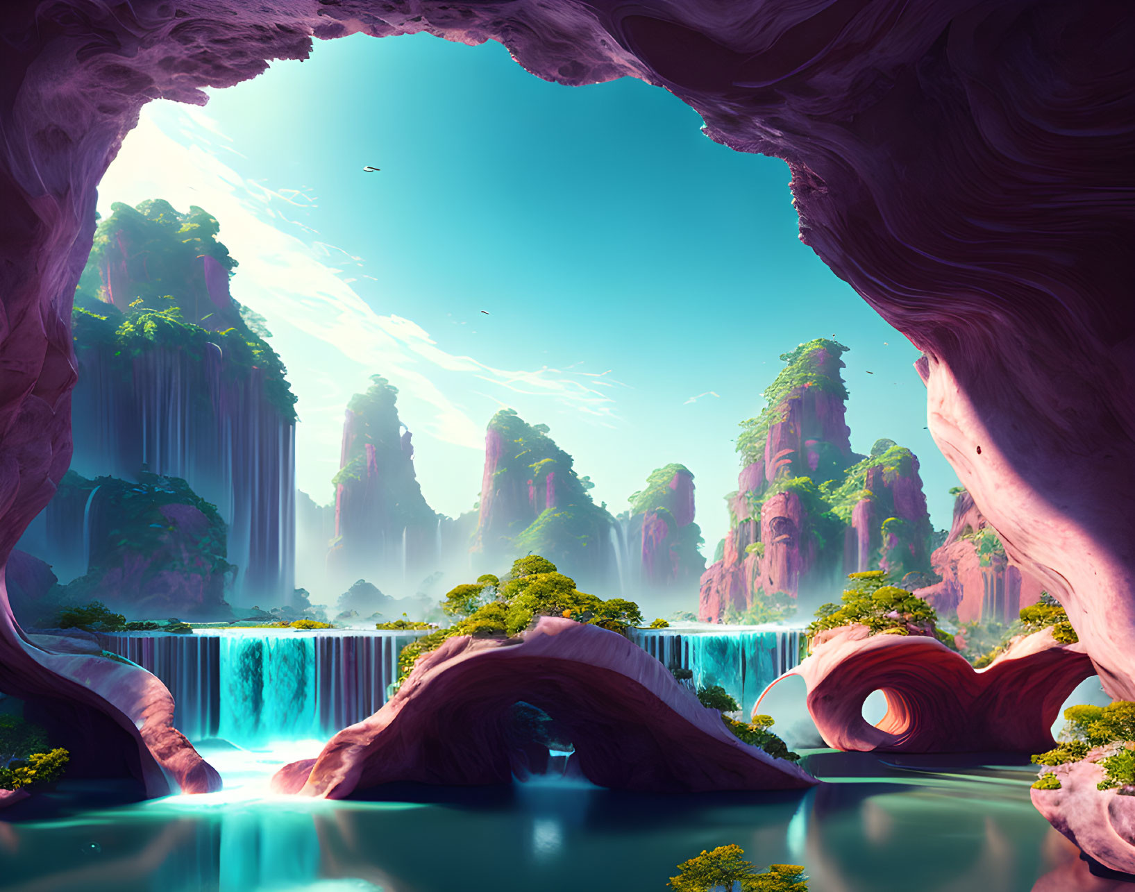 Vibrant fantasy landscape with pink rock formations and waterfalls