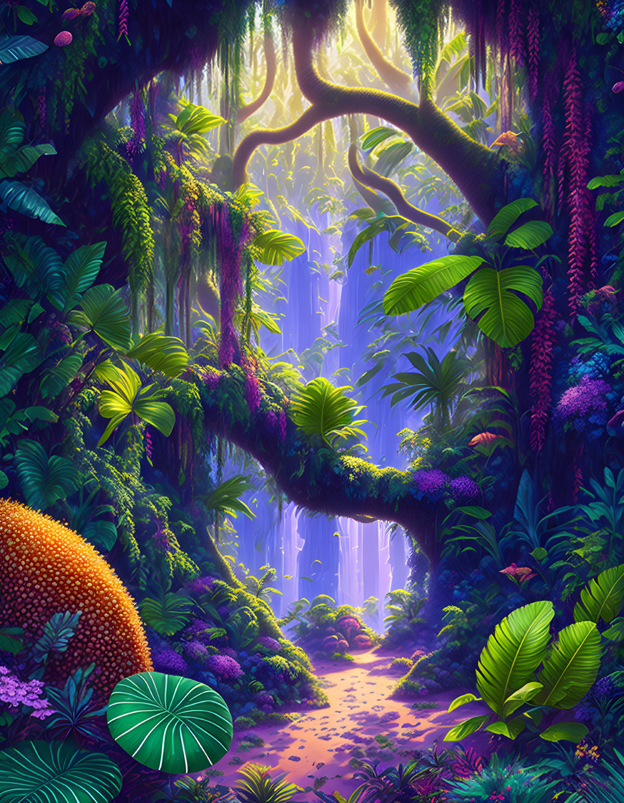 Mystical forest with lush vegetation, glowing waterfall, and magical structure