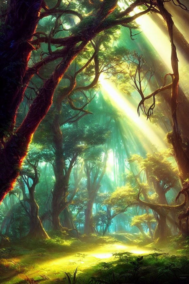 Mystical forest with vibrant green foliage and ancient trees under sunlight