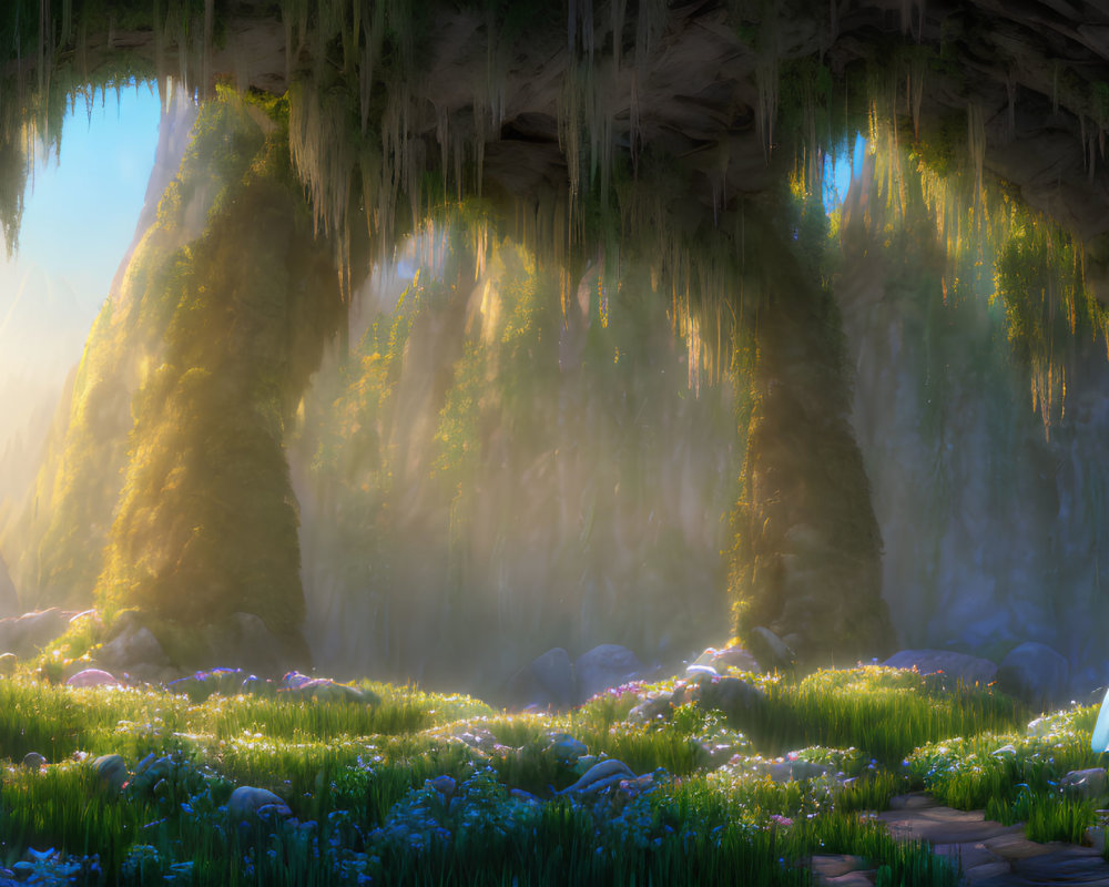 Person in cloak in mystical cave with sunbeams and vibrant flora.