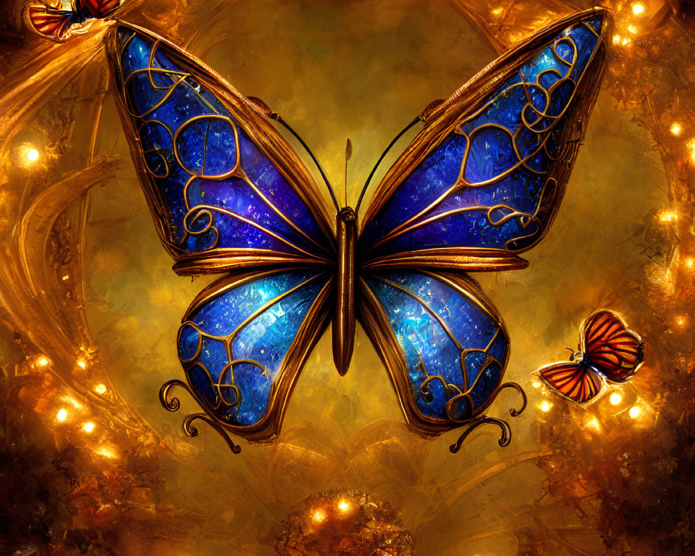 Colorful digital artwork: Blue butterfly with glowing patterns on golden background