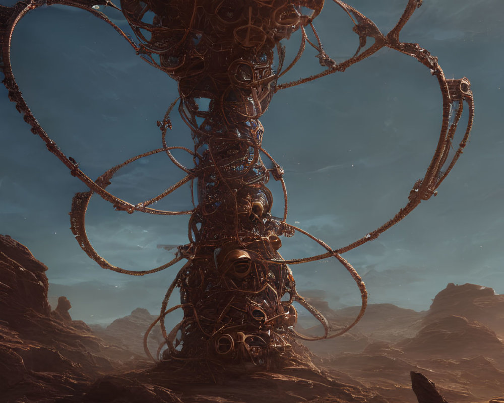 Intricate mechanical structure with tentacle-like appendages in rocky desert landscape