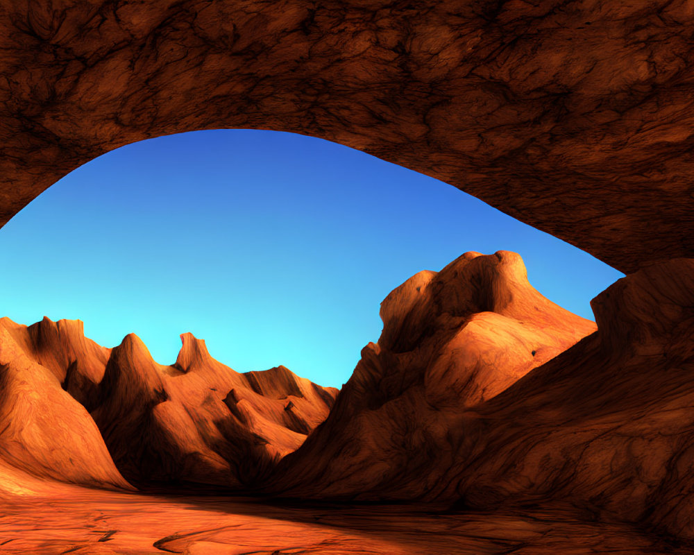 Sunlit Desert Landscape with Textured Rock Formations and Blue Sky