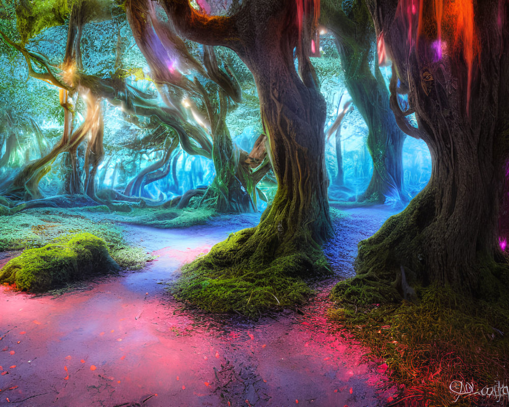 Mystical Enchanted Forest with Twisted Trees and Glowing Lanterns