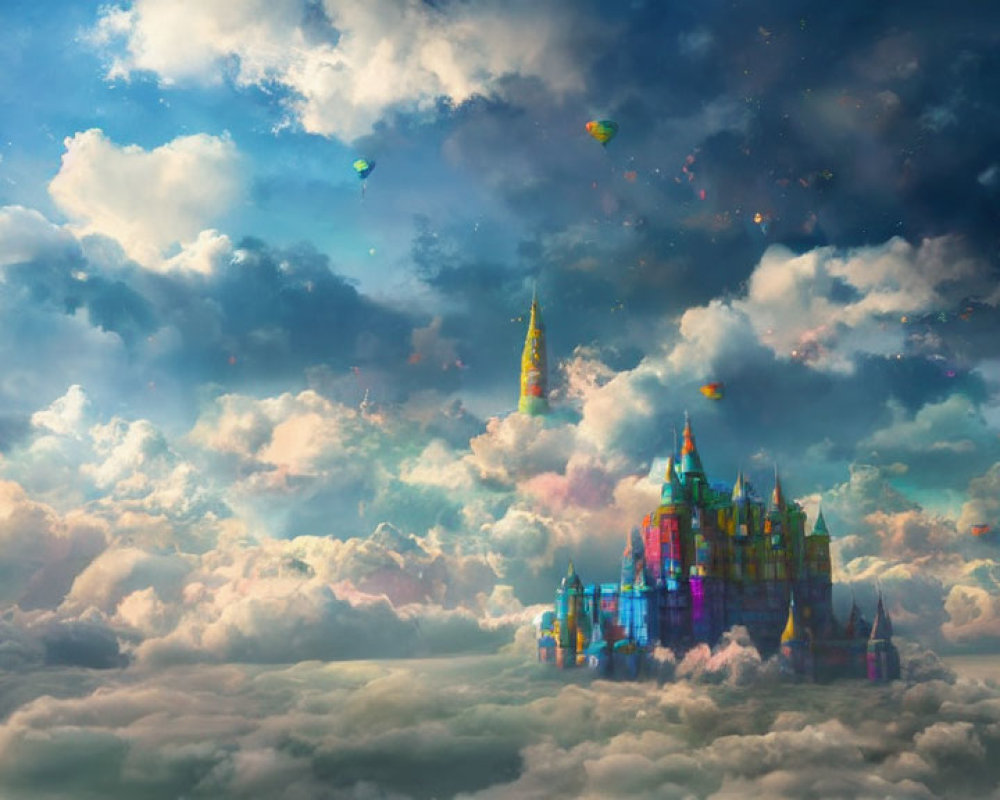 Colorful Castle Soars Above Clouds with Hot Air Balloons