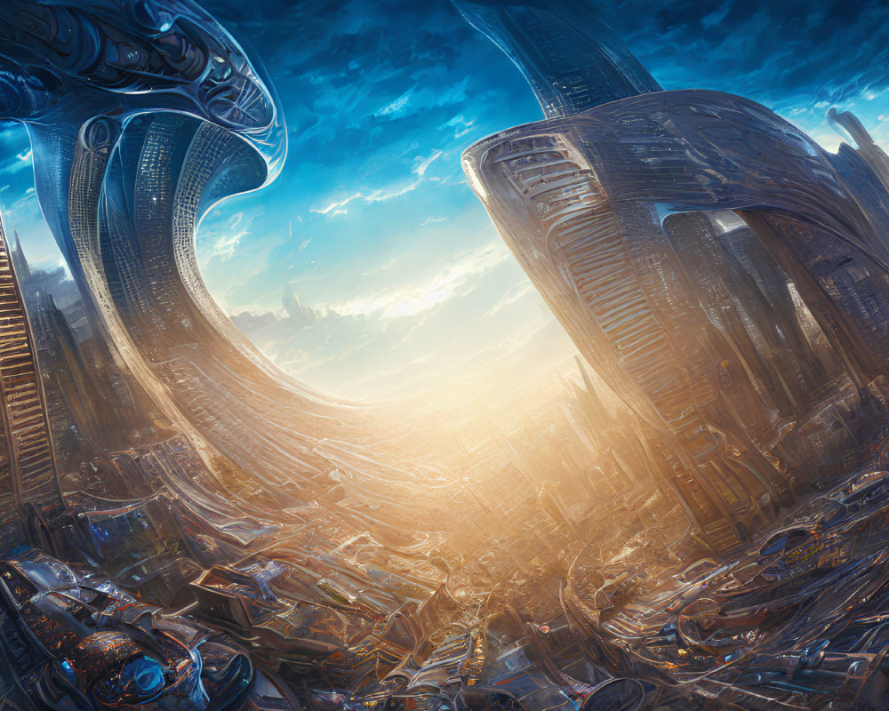 Futuristic cityscape with curved buildings and flying vehicles under a sunny blue sky