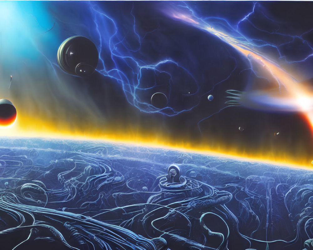 Surreal outer space landscape with planets, glowing horizon, and cosmic energy swirls