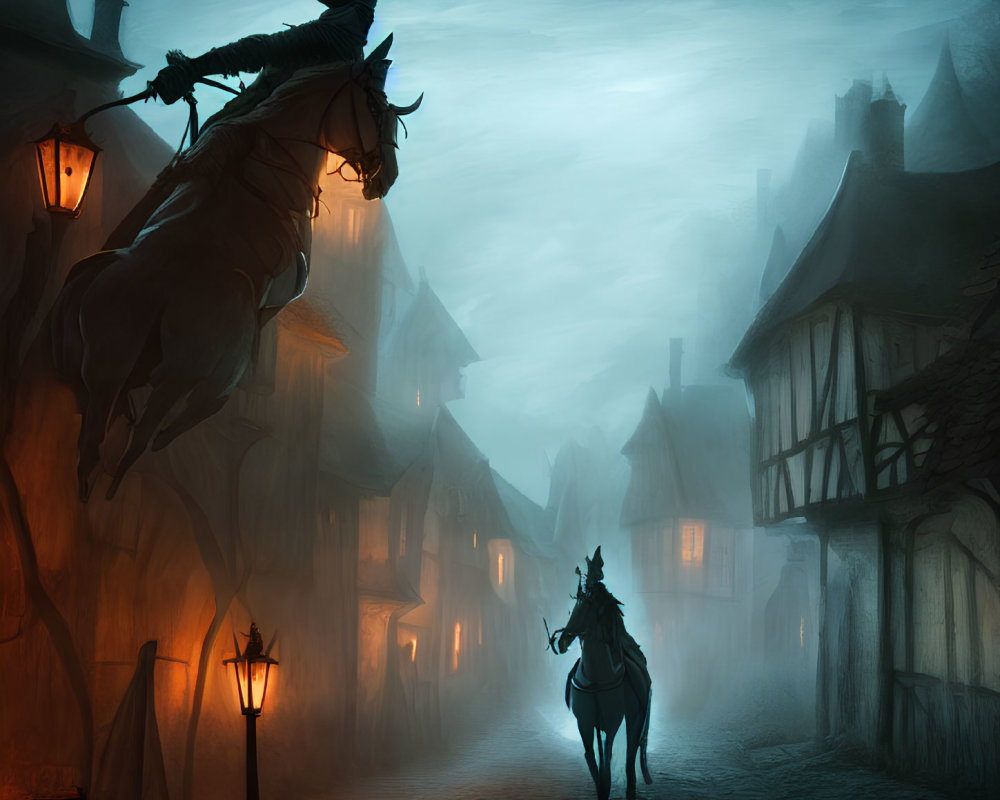 Ghostly Figure on Rearing Horse in Misty Medieval Village with Shadowy Rider and Lantern-lit