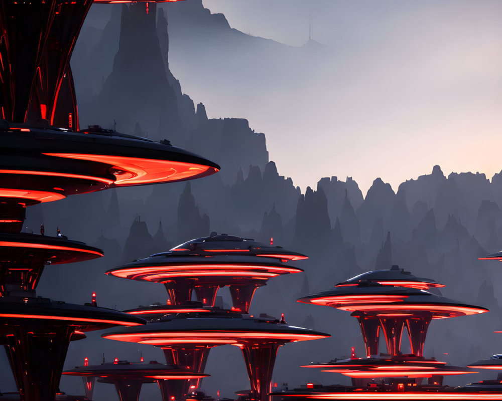 Futuristic cityscape with neon-lit mushroom structures in rocky mountain setting