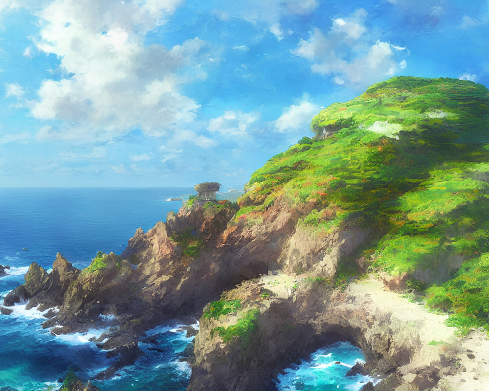 Scenic green cliffside above vibrant blue ocean