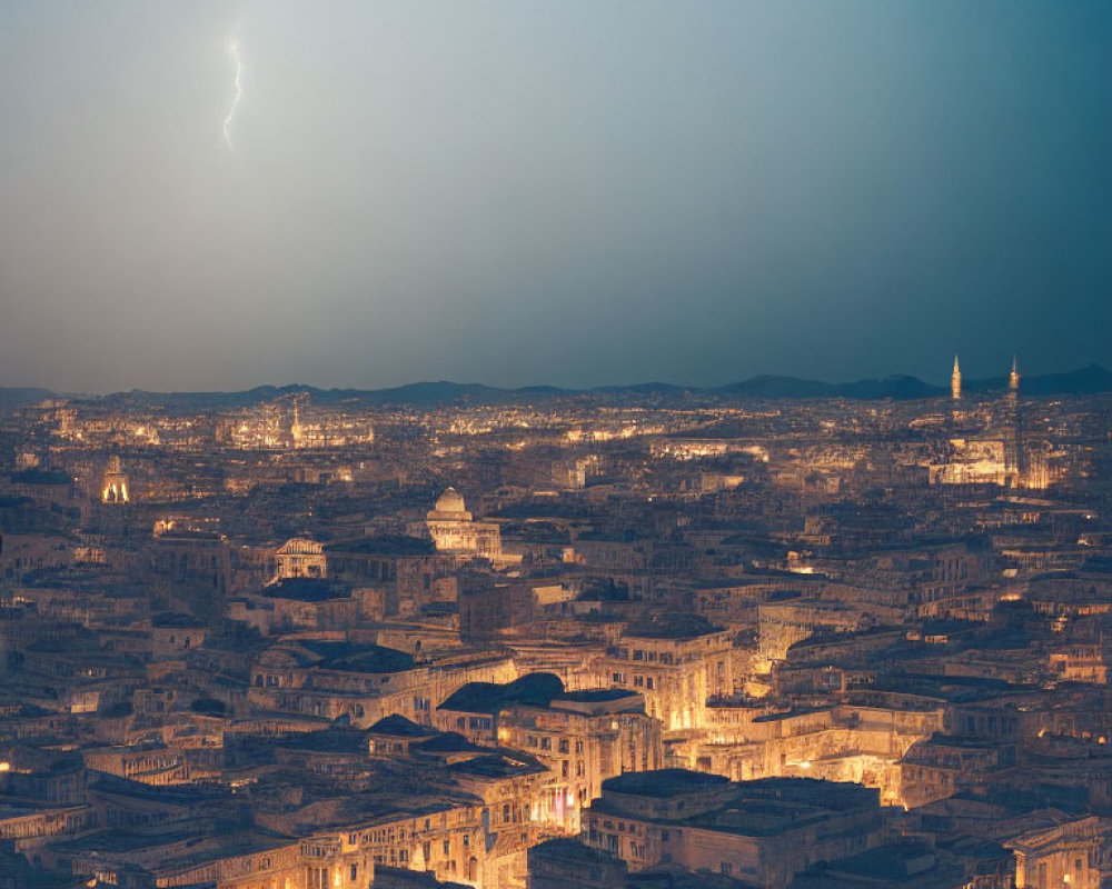 Cityscape at Dusk: Panoramic View with Illuminated Buildings & Lightning Bolt