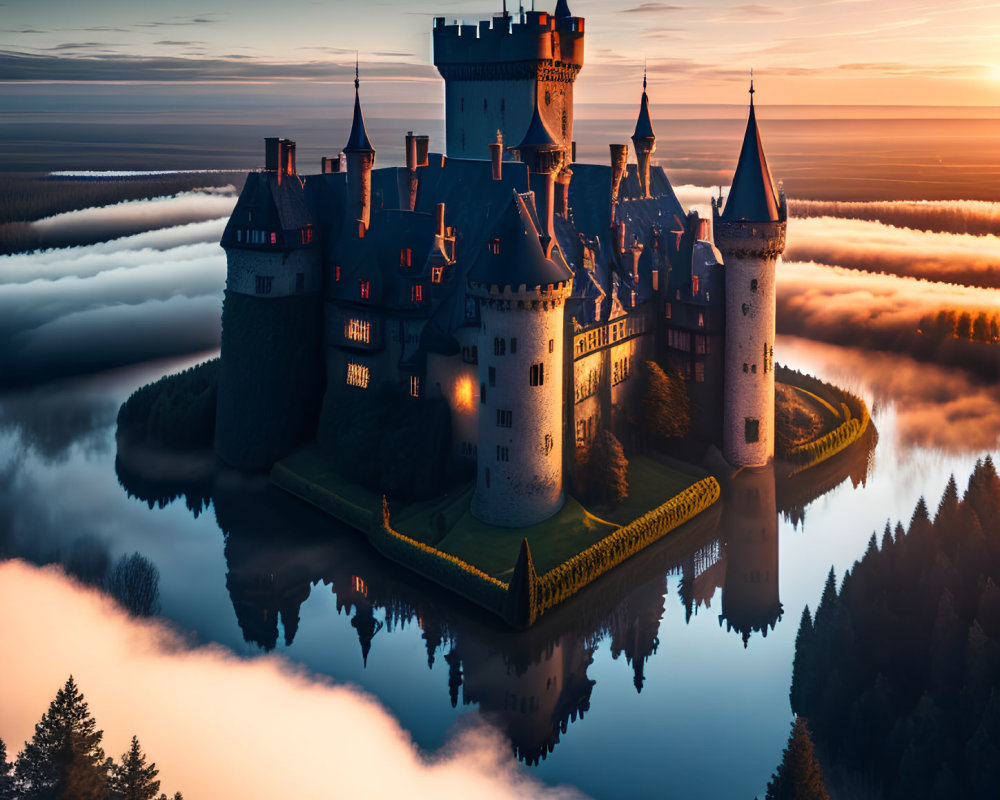 Majestic castle with spires in misty sunrise