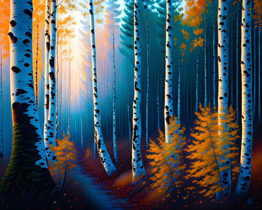 Colorful autumn forest digital painting with white birch trees