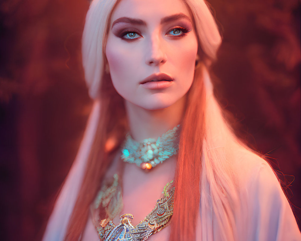 Portrait of woman with blue eyes and white hair in regal attire on warm red backdrop