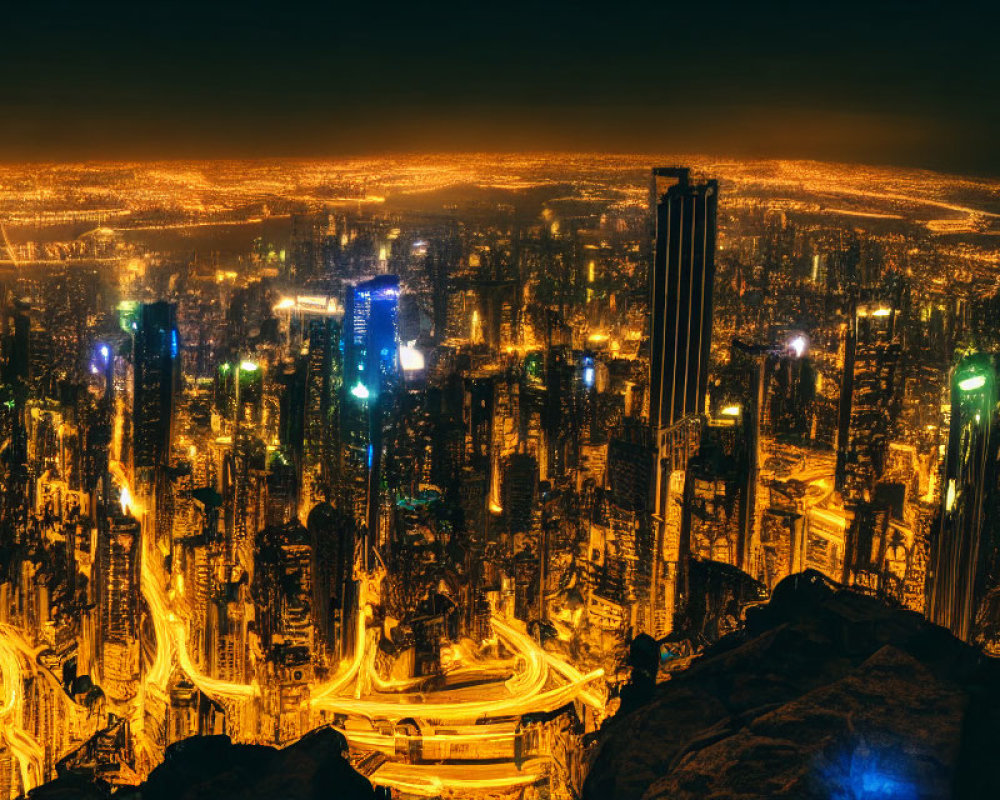 Bustling city with illuminated skyscrapers at night