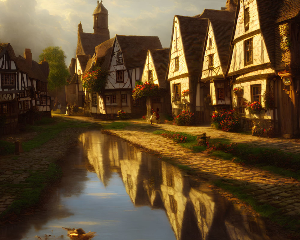 Charming village street at sunset with half-timbered houses and reflective stream