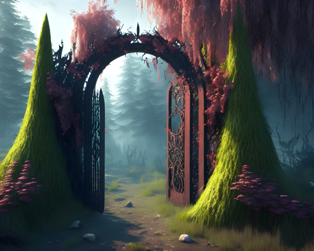 Ornate open gate in mystic forest with overgrown greenery & pink foliage under blue-l