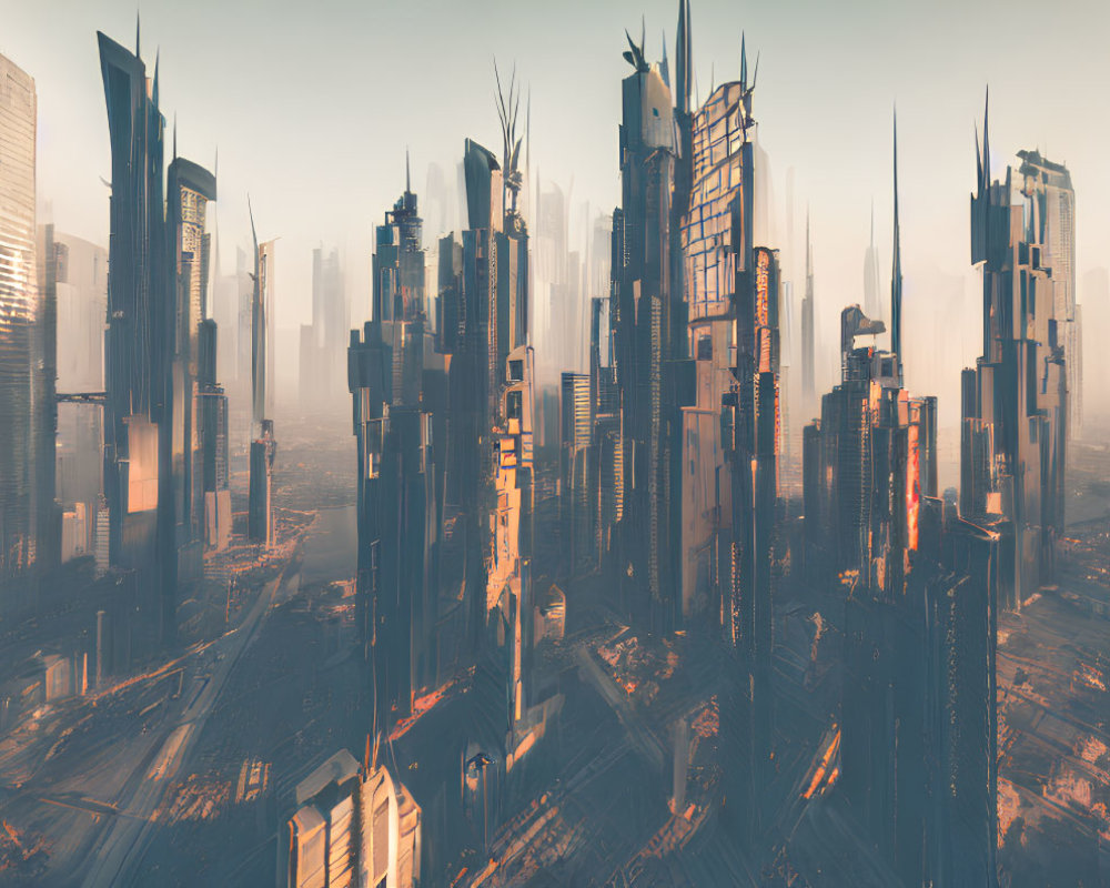 Futuristic cityscape with towering skyscrapers in golden sunlight